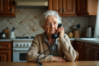 Femme âgée au téléphone dans une cuisine chaleureuse
