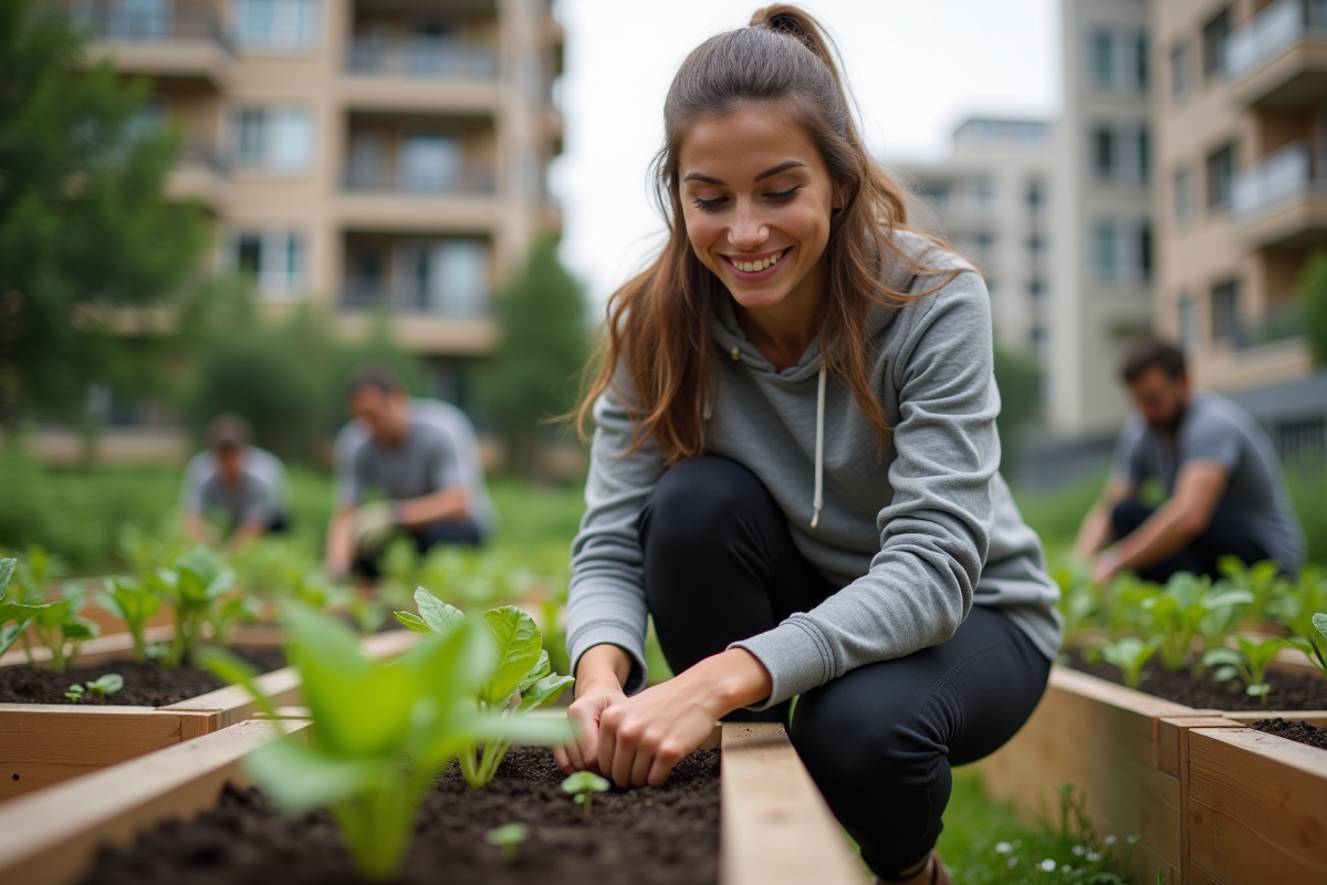Femme plantant des légumes dans un jardin urbain