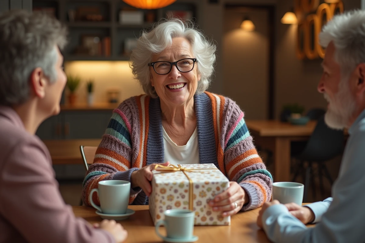 Femme souriante ouvrant un cadeau d'anniversaire