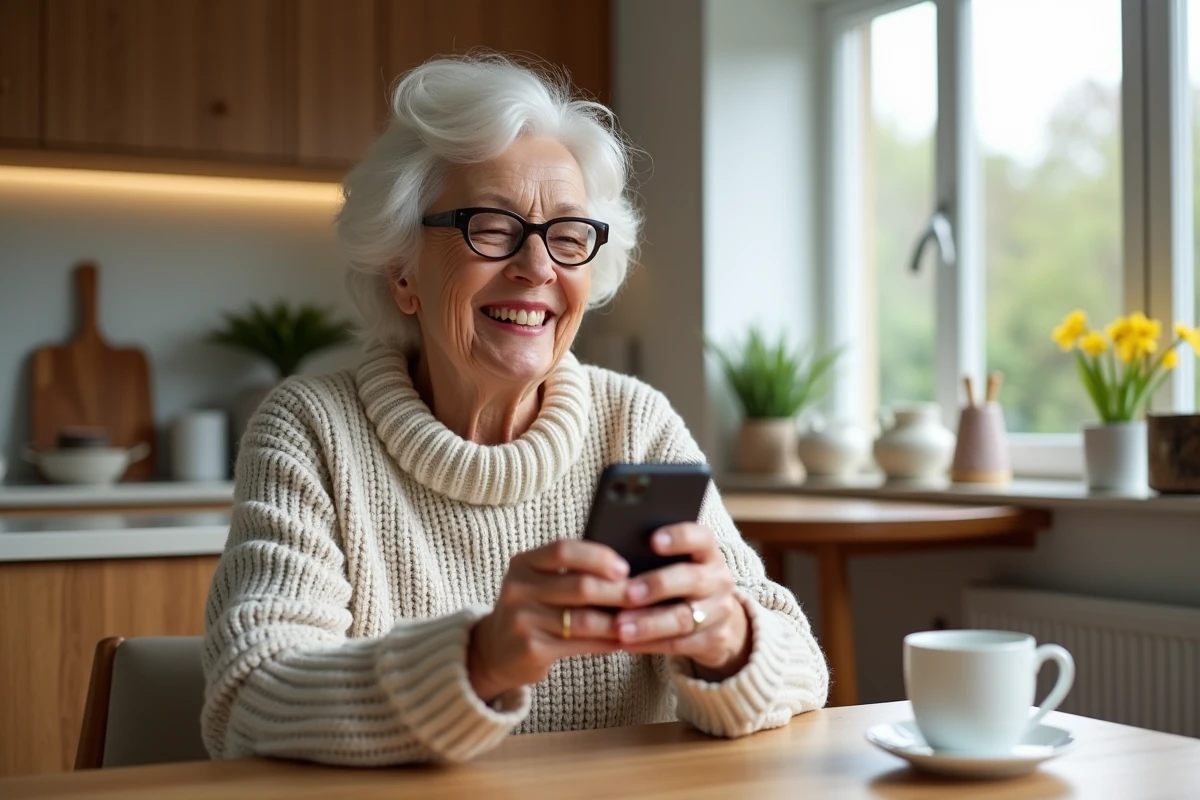 Femme senior souriante lisant un SMS d'anniversaire dans sa cuisine