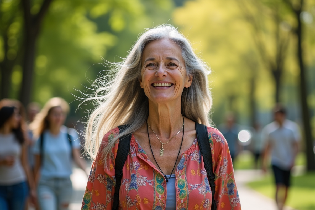 Femme de 60 ans avec cheveux gris marchant dans un parc en ville