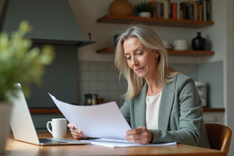 Femme d'âge moyen lisant des documents sur l'aide 2025