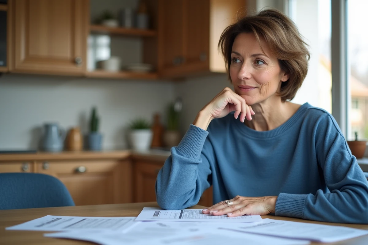Femme d'âge moyen lisant des papiers dans la cuisine