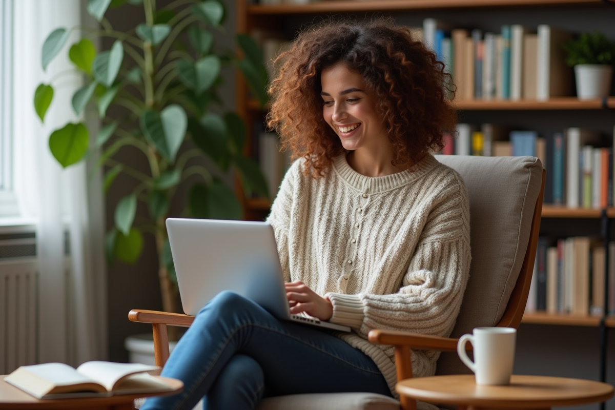 Femme souriante lisant sur son ordinateur dans un salon cosy