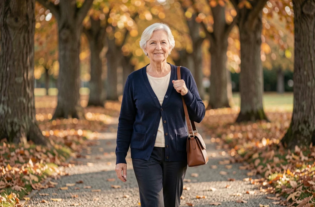 Femme de 67 ans se promenant seule dans un parc en automne, tenue élégante et démarche détendue pour illustrer une rencontre mature