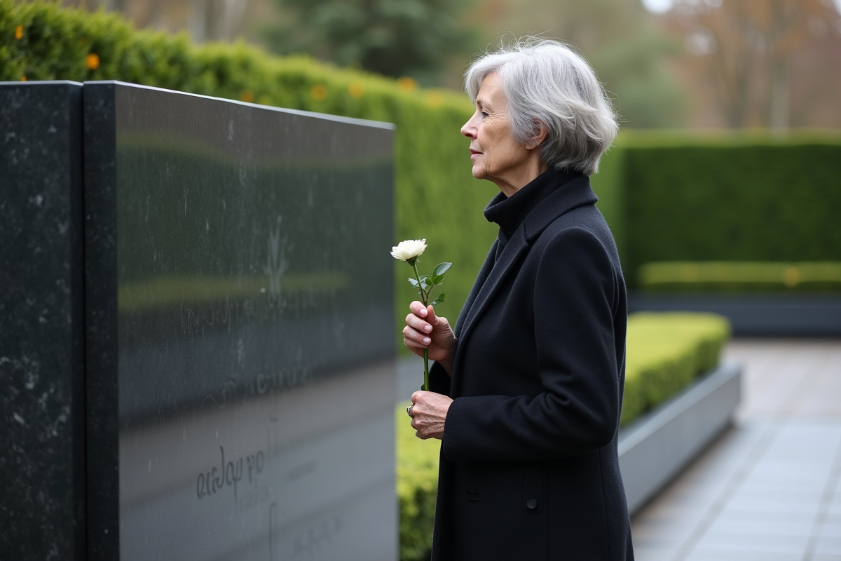 Femme méditative avec rose blanche près d’un monument funéraire