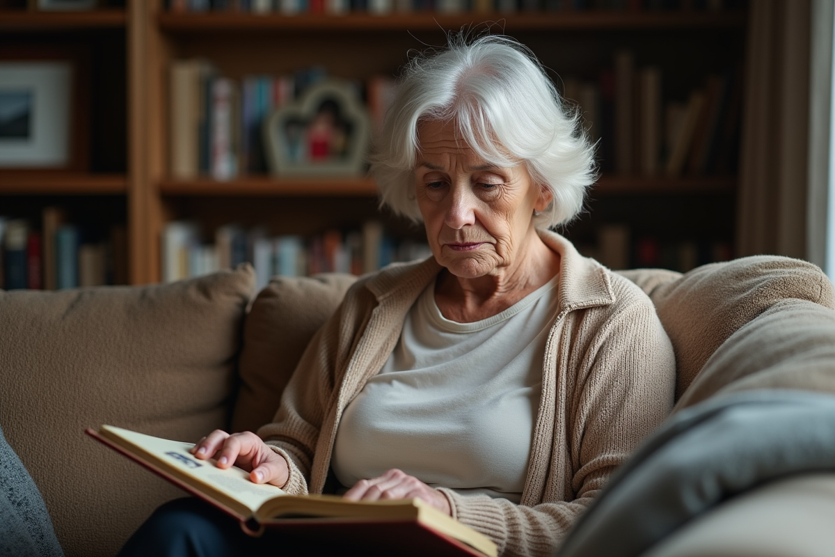 Femme d'âge moyen tenant un album photo nostalgique