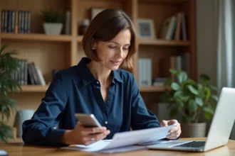 Femme utilisant son smartphone pour numériser des documents à envoyer à Agirc Arrco depuis son espace personnel en ligne