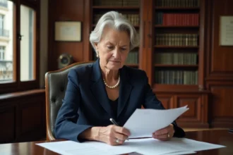 Femme politique française en blazer marine assise à un bureau officiel parisien consultant des documents administratifs liés à sa retraite