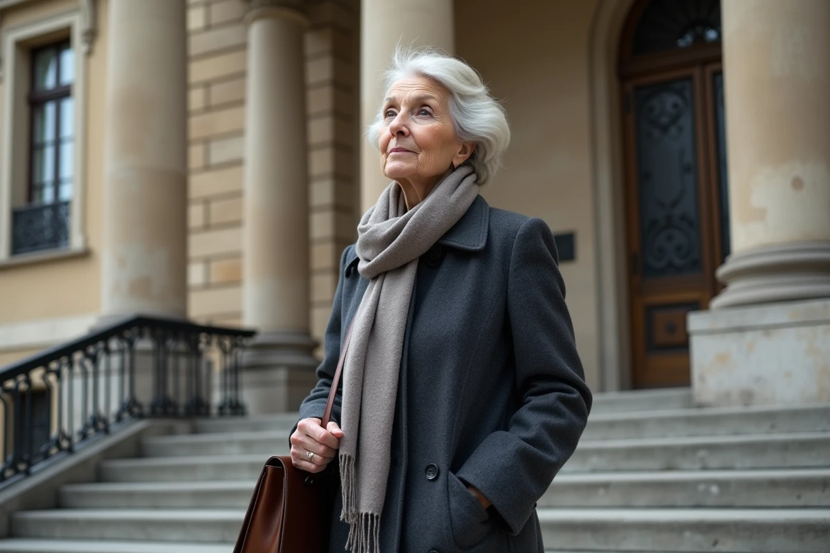 Femme politique française en manteau classique devant un bâtiment institutionnel symbolisant les déclarations publiques sur les pensions de retraite