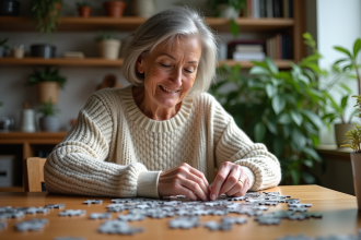 Femme française assemble un puzzle dans un intérieur chaleureux