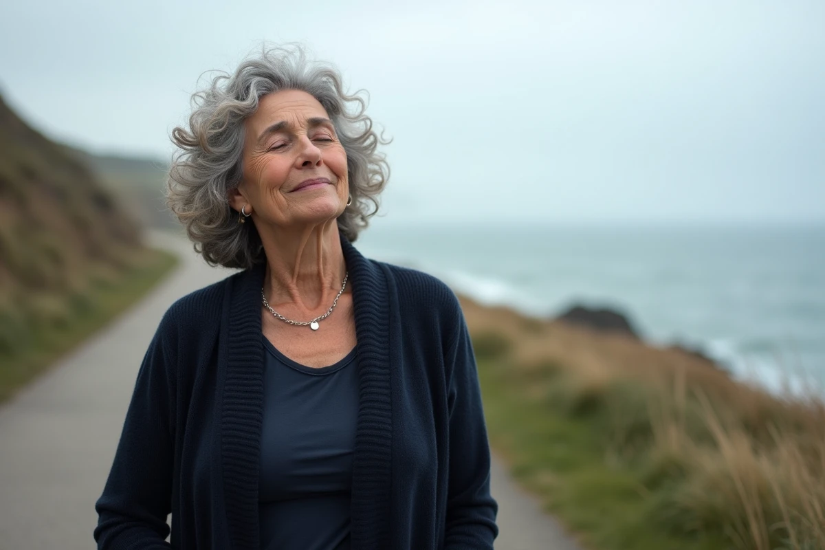 Femme retraitée en contemplation sur un sentier côtier, symbolisant la sérénité et la liberté d'une nouvelle vie