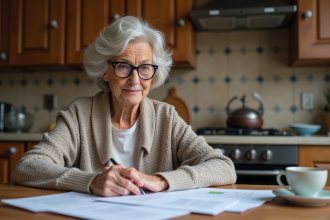 Femme française âgée lisant ses papiers de retraite dans la cuisine