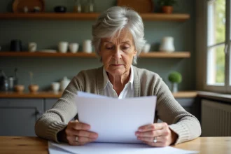 Femme mature lit des documents dans une cuisine chaleureuse