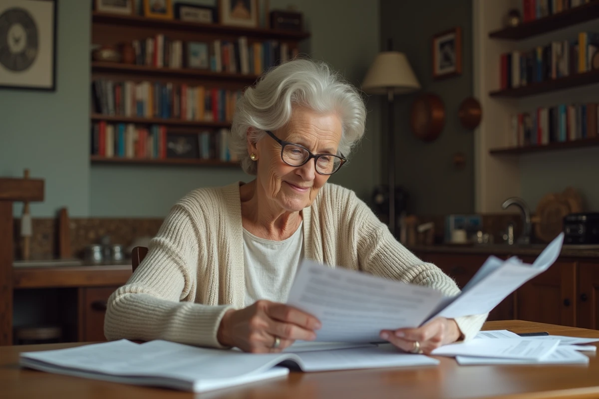Femme âgée examinant des papiers de retraite à la maison