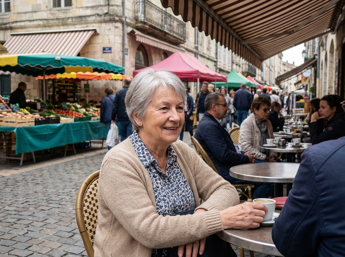Femme retraitée assise dans un café à Agen