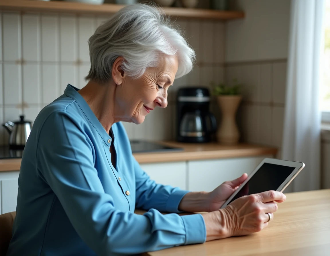 Femme retraitée utilisant une tablette pour accéder aux services SNCF retraités