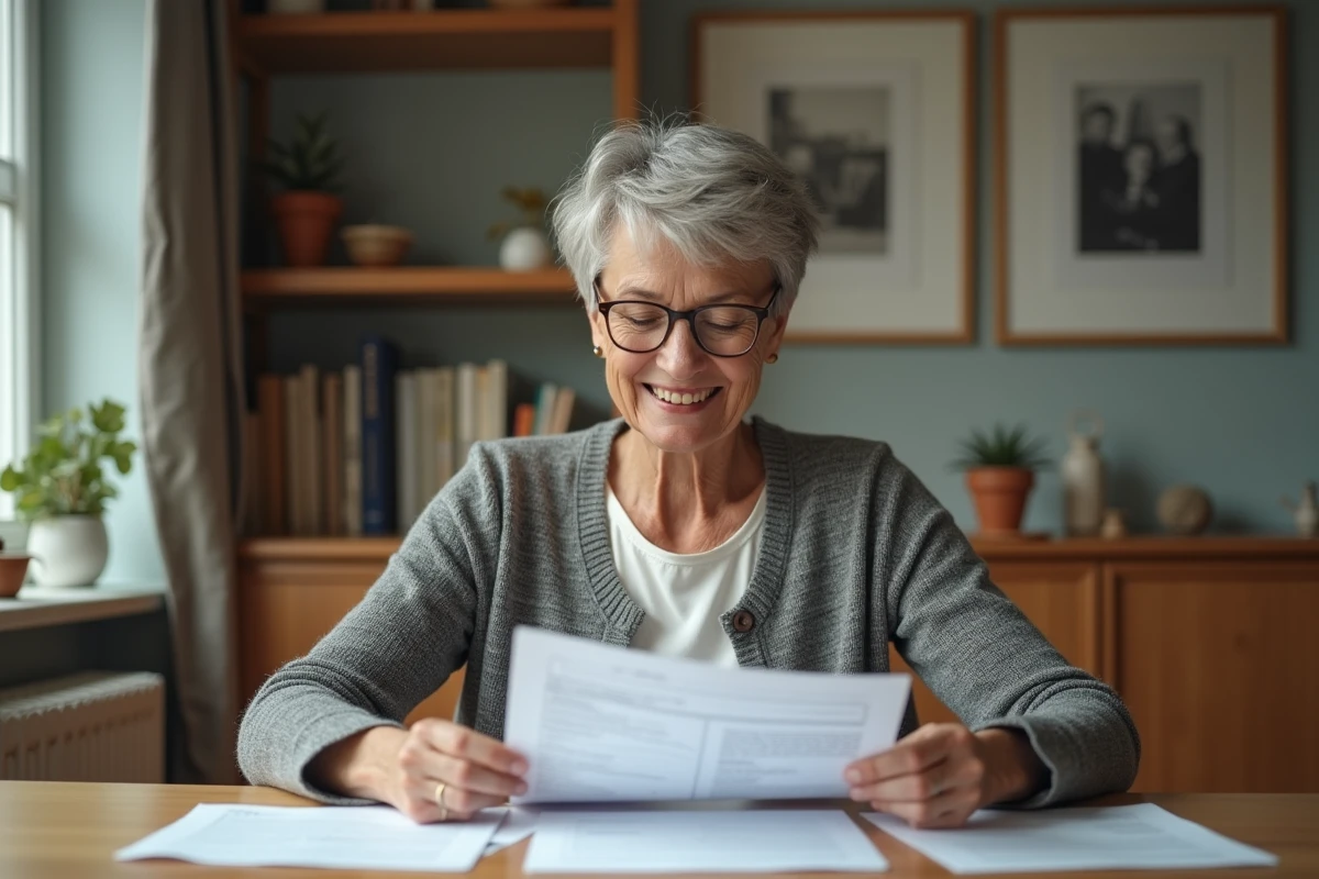 Femme retraitée vérifiant ses papiers de pension à la maison