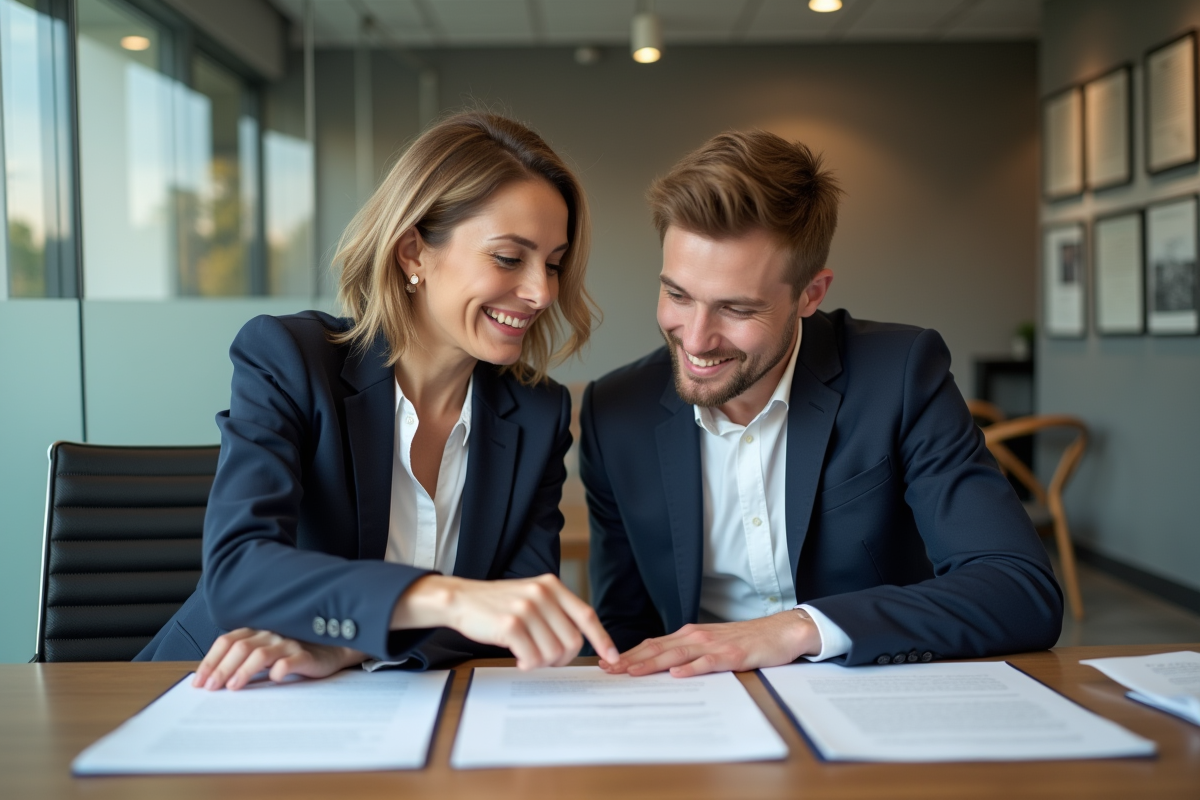 Une femme d affaires examine des papiers avec son fils dans un bureau moderne