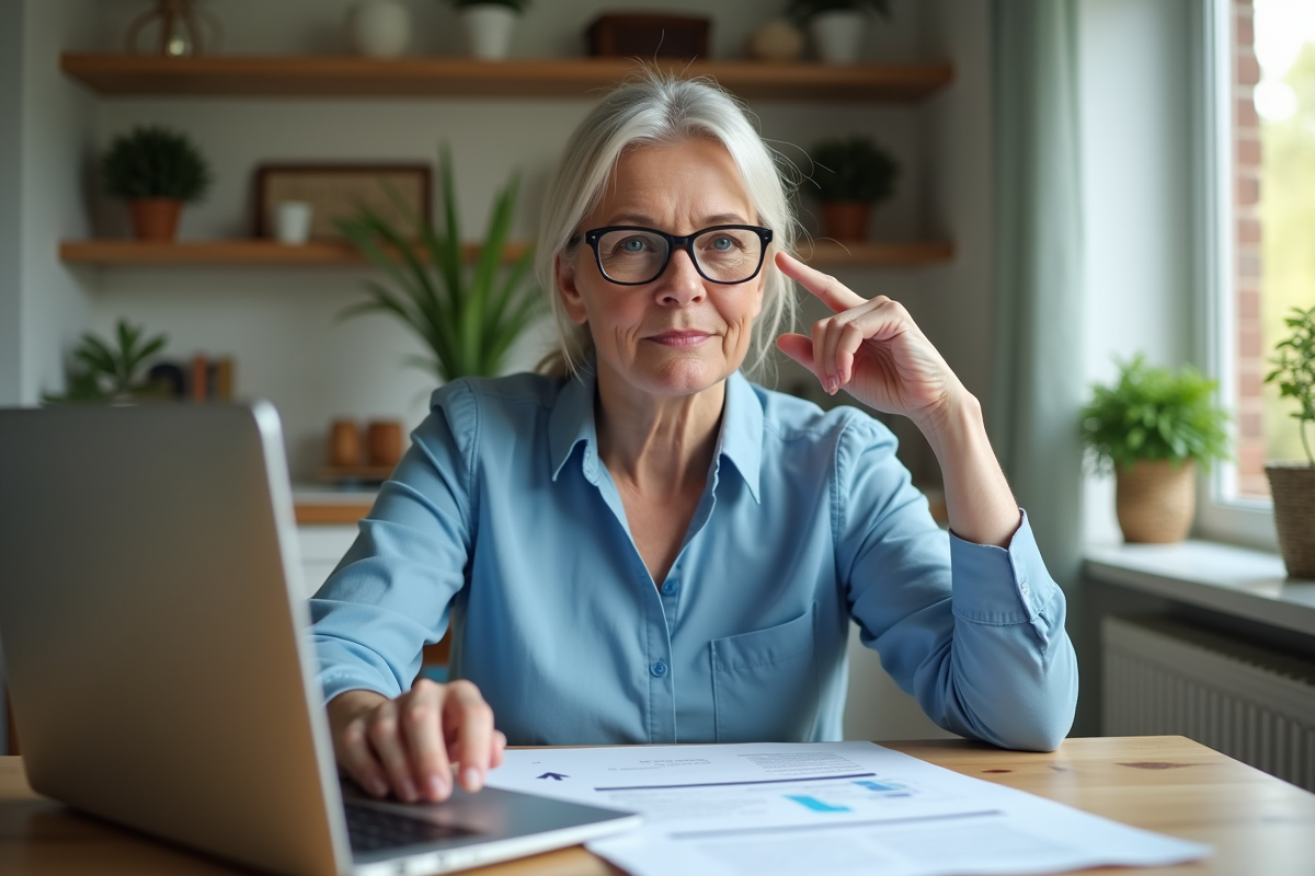 Femme d age moyen examine des documents de pension à la maison