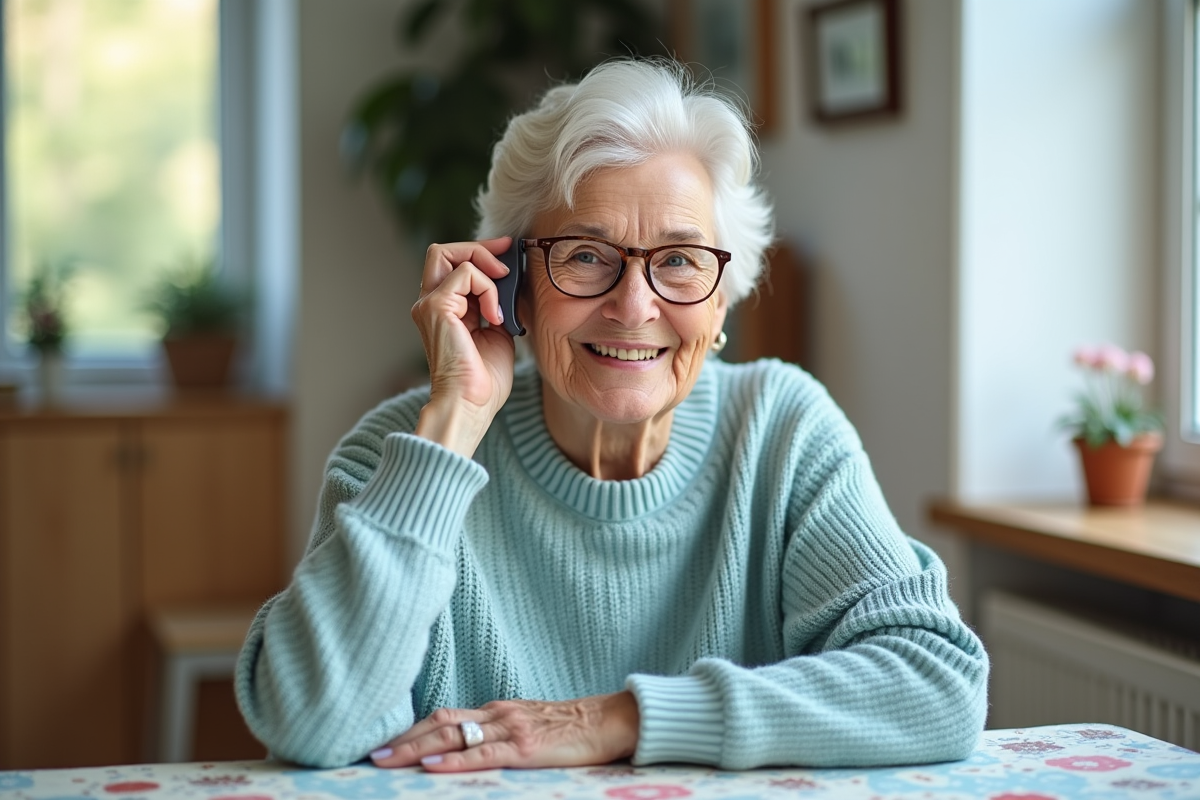 Femme senior souriante ajustant un appareil auditif