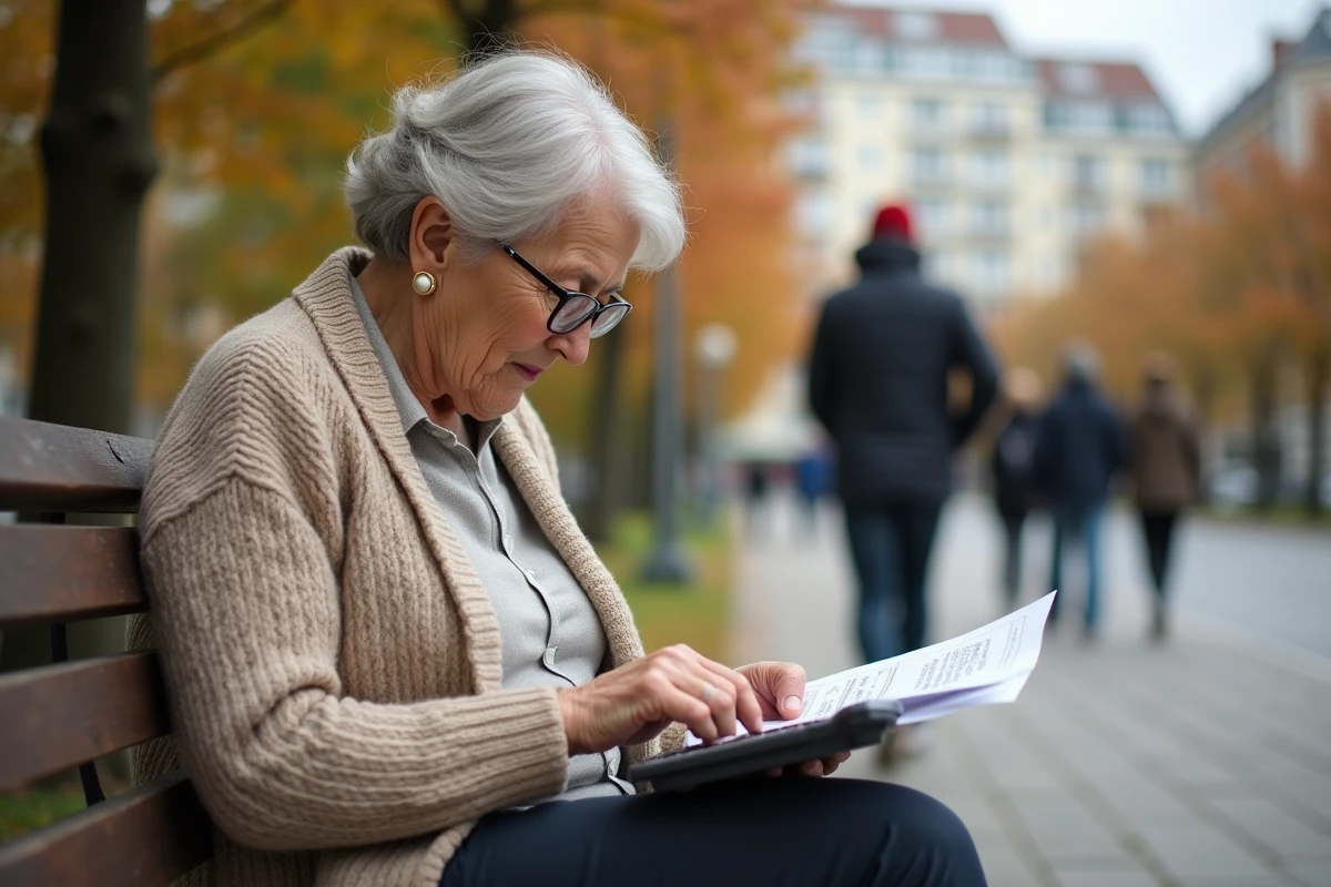 Femme âgée utilisant une calculatrice sur un banc de parc en ville