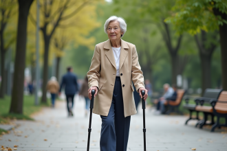 Femme âgée marchant avec une canne dans un parc urbain