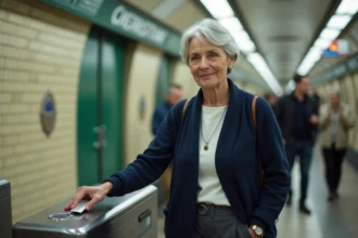 Femme senior utilisant sa carte de transport RATP à un tourniquet de métro parisien