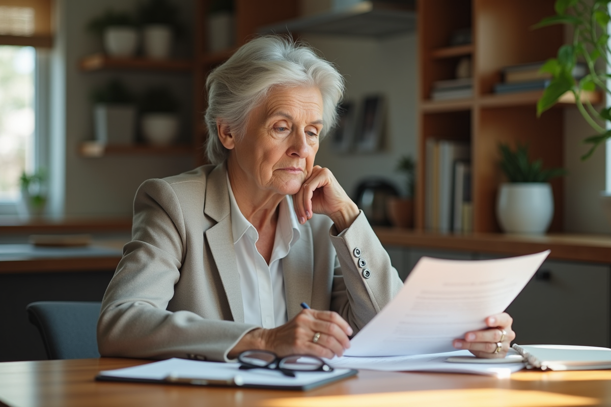 Femme senior en tenue modeste lisant des documents à la maison