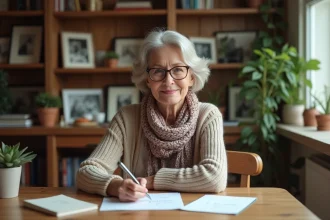 Femme senior écrivant une note dans un bureau chaleureux