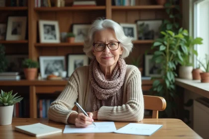 Femme senior écrivant une note dans un bureau chaleureux