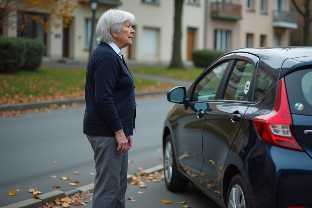 Femme senior examinant le macaron S collé sur la vitre arrière de sa voiture dans un parking résidentiel, reflétant l'interrogation sur la réglementation future des conducteurs âgés