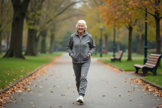 Femme senior souriante marche dans un parc urbain