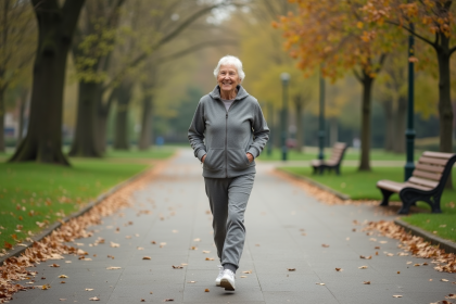 Femme senior souriante marche dans un parc urbain