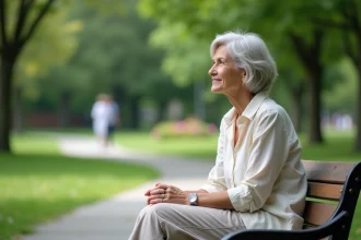Femme âgée assise sur un banc dans un parc verdoyant