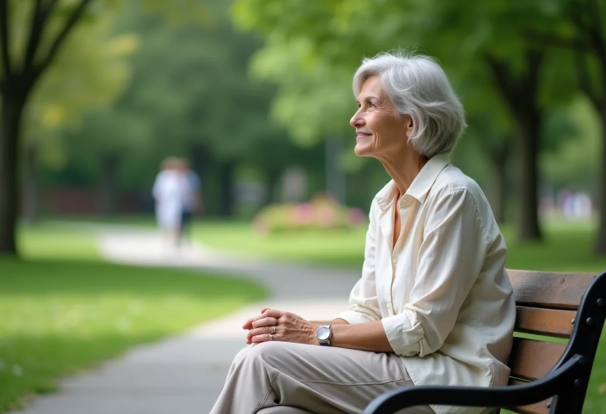 Femme âgée assise sur un banc dans un parc verdoyant