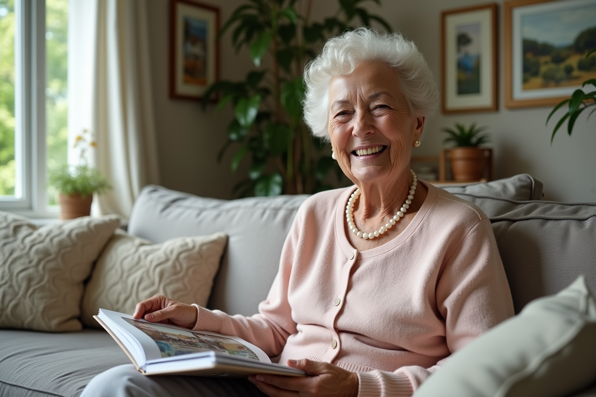 Femme âgée souriante feuilletant un album photo dans un salon cosy