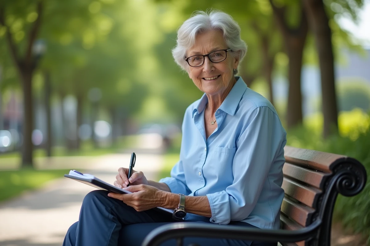 Femme senior écrivant dans un parc en extérieur