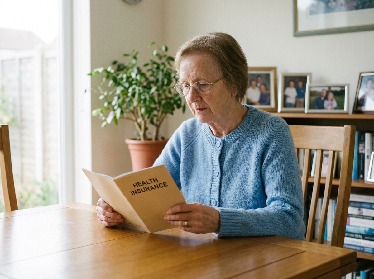 Femme senior en lecture d'une brochure d'assurance santé