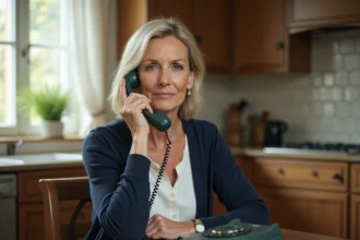 Femme senior téléphonant au service assurance retraite 3960 depuis sa cuisine