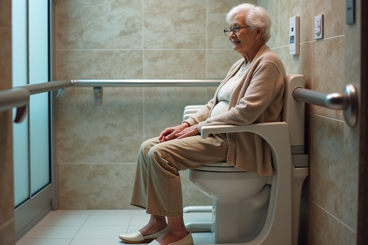 Femme âgée assise sur une toilette accessible dans un lieu moderne