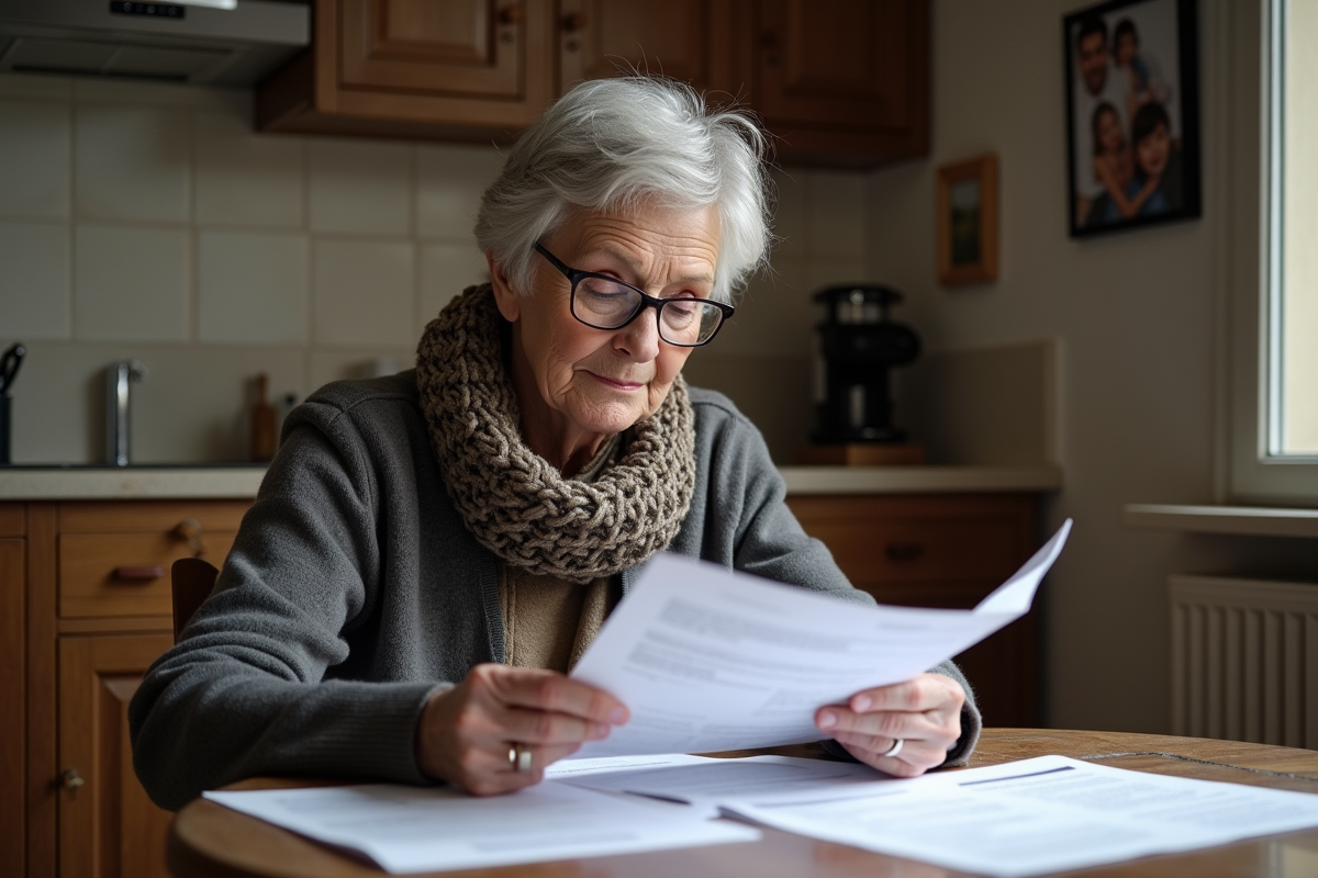 Femme française âgée lisant des documents de pension