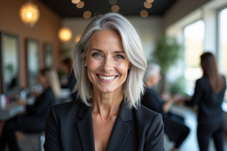 Femme élégante de 60 ans avec cheveux argentés dans un salon de coiffure