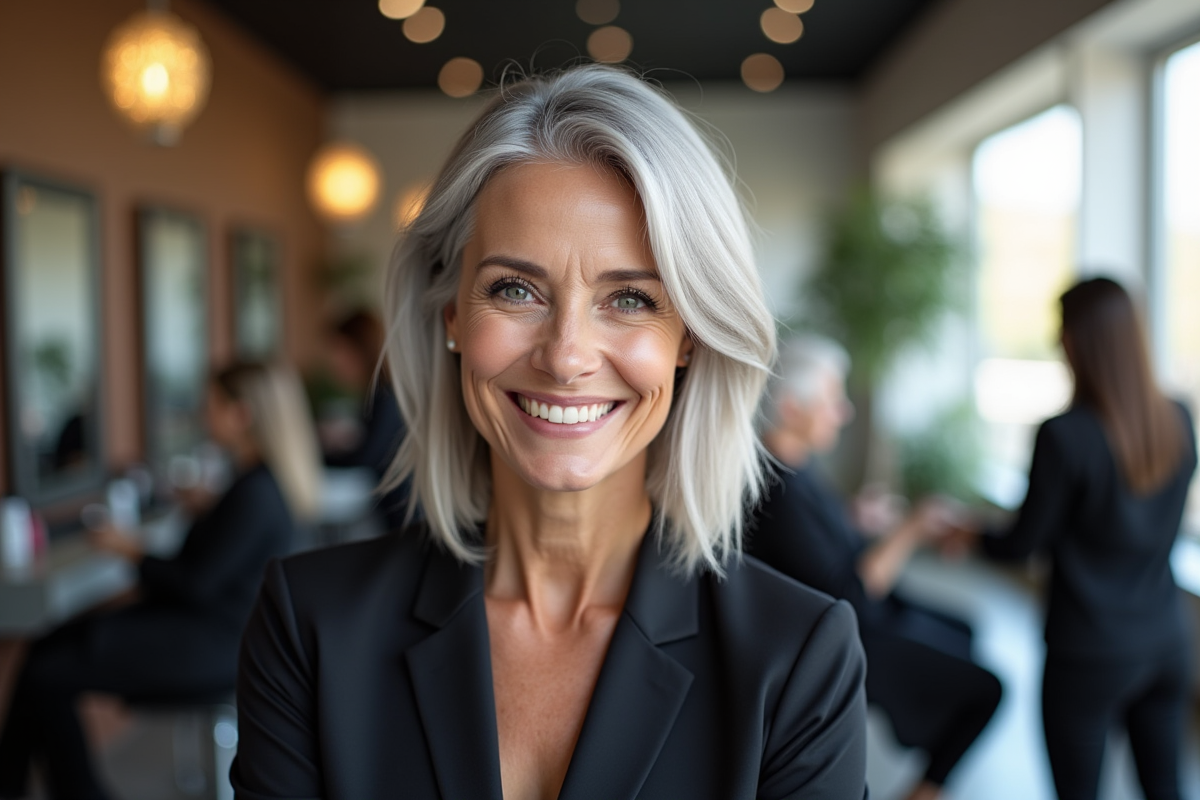 Femme élégante de 60 ans avec cheveux argentés dans un salon de coiffure