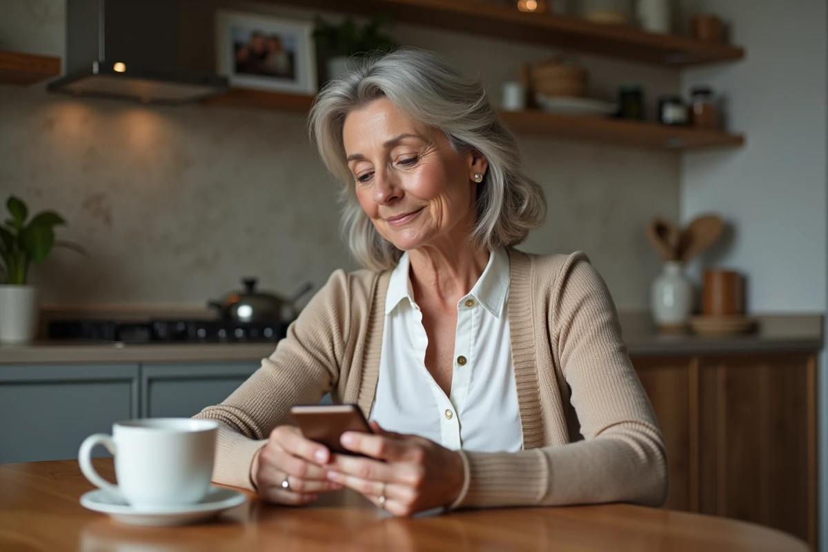 Femme concentrée sur son smartphone dans une cuisine chaleureuse