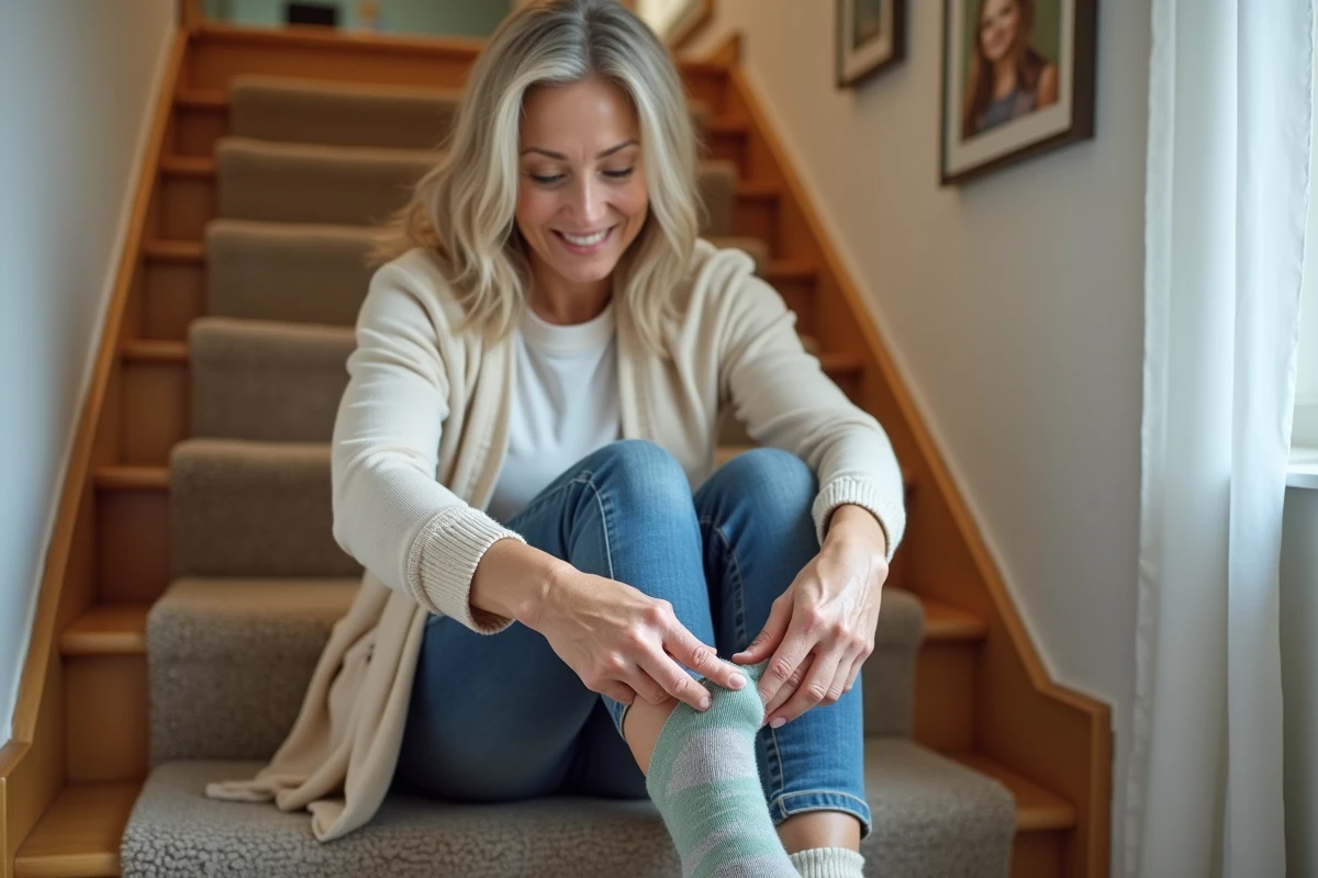 Femme souriante en chaussettes antidérapantes dans un intérieur