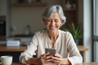 Femme d'âge moyen souriante tenant un téléphone simple