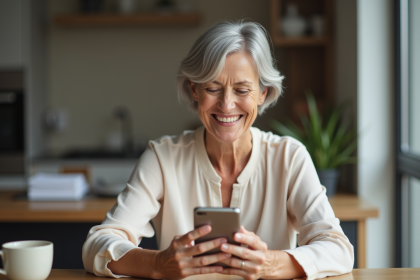 Femme d'âge moyen souriante tenant un téléphone simple