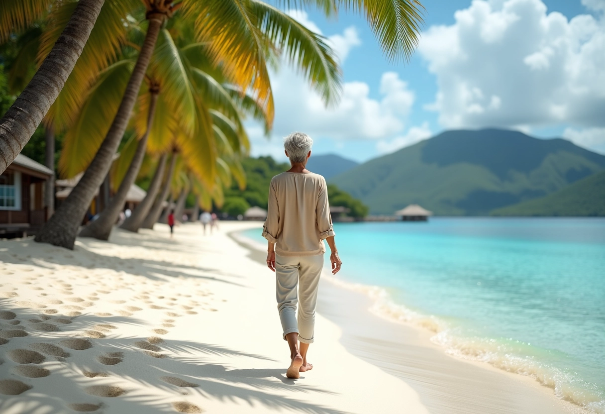 Femme voyageant seule sur une plage tropicale ensoleillée