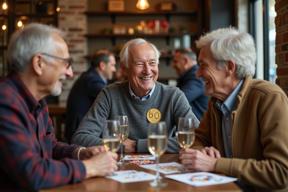 Groupe d'amis fêtant les 60 ans d'un homme dans un café, entourés de cartes d'anniversaire humoristiques et de confettis sur une table en bois